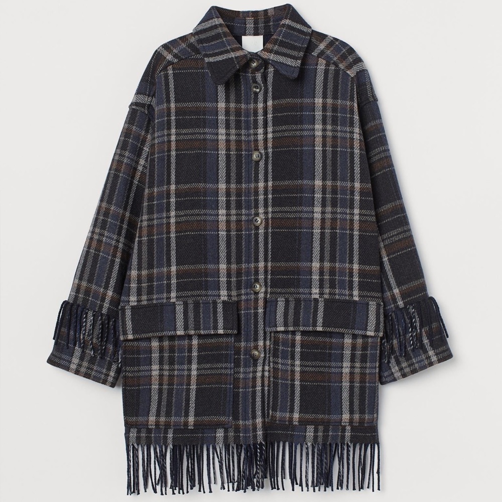 H&M Plaid Fringed Shirt Jacket Blue and Black XL / XXL